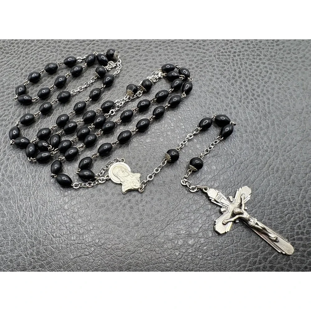 Vintage Sterling Silver Black Wood Bead Rosary Necklace Religious Crucifix